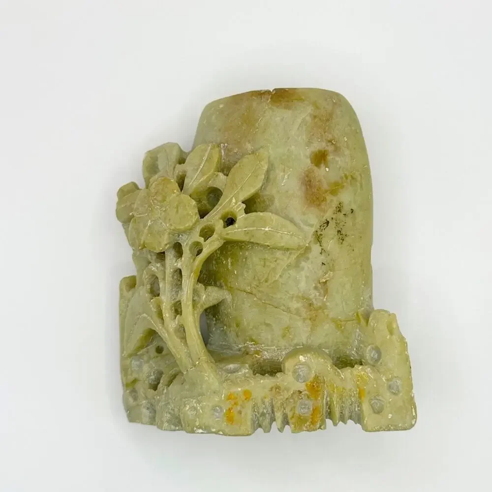 Vintage Chinese Soapstone Carved Floral Miniature Pen Holder Bud Vase home decor